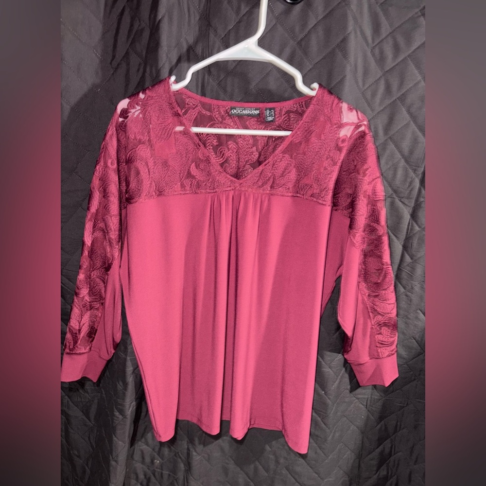 Susan Graver Burgundy Lace Pleated Blouse #1111